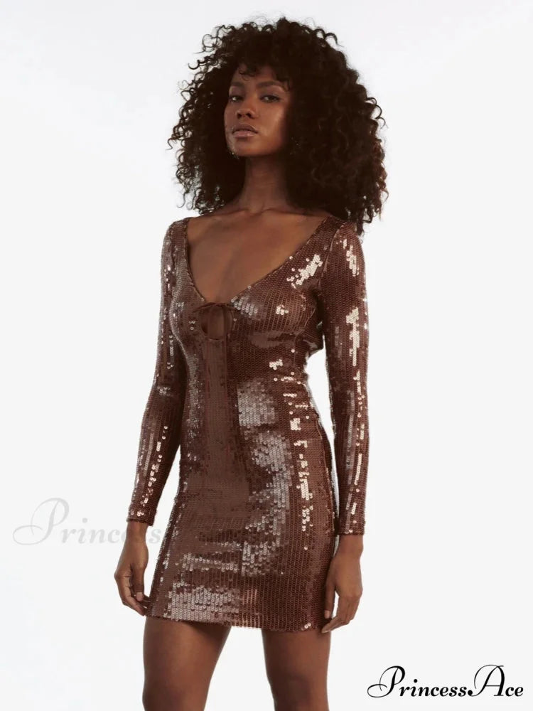 Sexy V Neck Long Sleeves Backless Sequin Mini Dress Women Christmas Party Dress