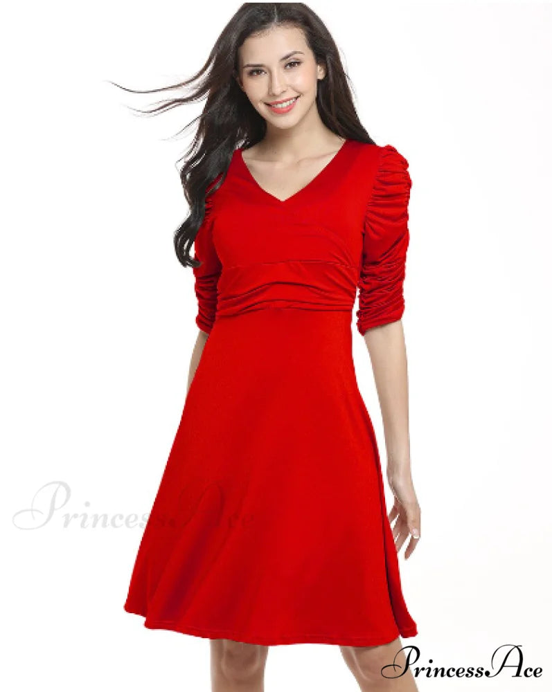 Sexy V-neck Pleated Short-sleeved Solid Color Dress S / BLACK