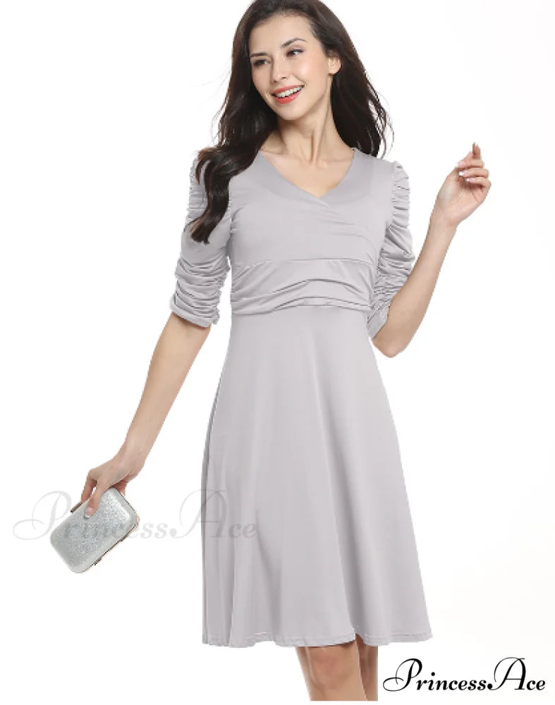 Sexy V-neck Pleated Short-sleeved Solid Color Dress S / BLUE