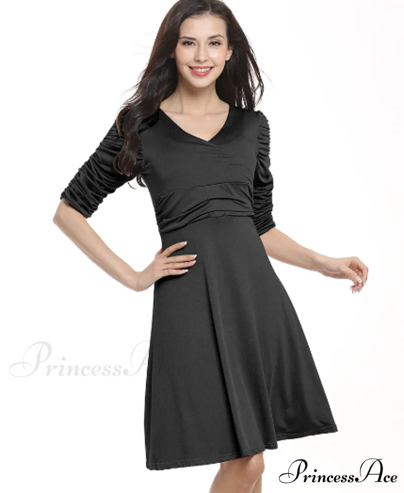 Sexy V-neck Pleated Short-sleeved Solid Color Dress S / PURPLE