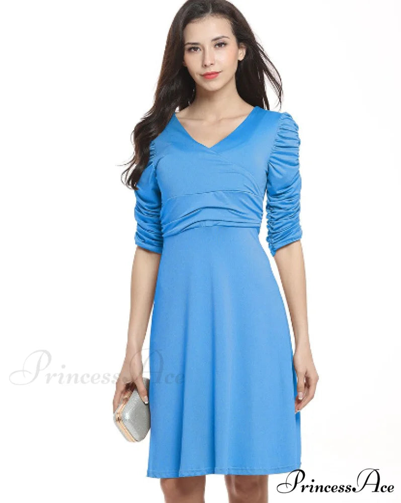 Sexy V-neck Pleated Short-sleeved Solid Color Dress S / RED