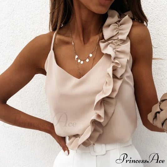 Sexy V Neck Ruffle Blouses Beige / S