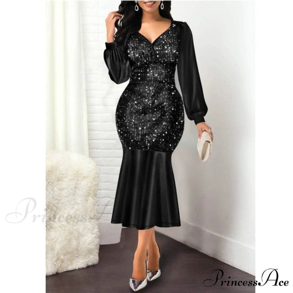 Sexy V Neck Sequin Evening Wedding Party Dress black / S