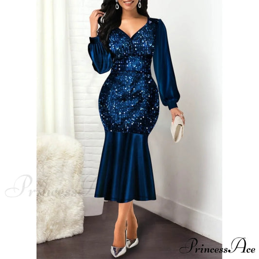 Sexy V Neck Sequin Evening Wedding Party Dress Blue / S