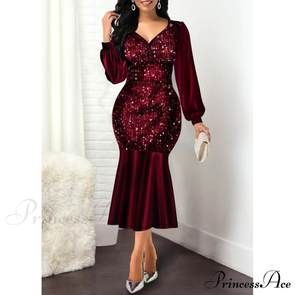 Sexy V Neck Sequin Evening Wedding Party Dress Burgundy / S
