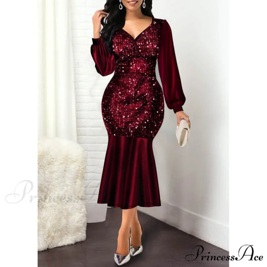 Sexy V Neck Sequin Evening Wedding Party Dress Burgundy / S
