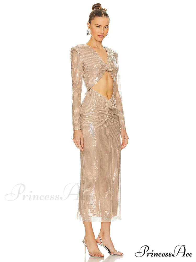 Sexy V Neck Sequins Cutout 3D Flower Dress Long Sleeves Christmas Party Dress