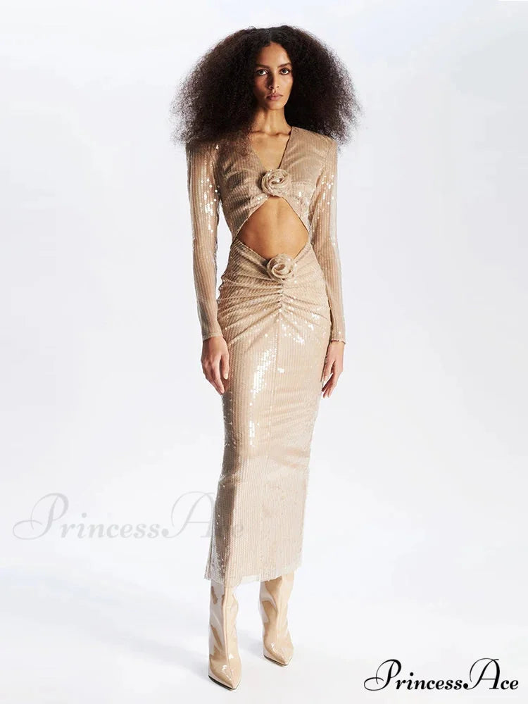 Sexy V Neck Sequins Cutout 3D Flower Dress Long Sleeves Christmas Party Dress