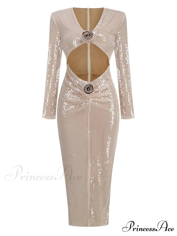Sexy V Neck Sequins Cutout 3D Flower Dress Long Sleeves Christmas Party Dress Khaki / S