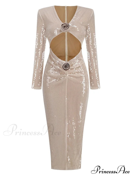 Sexy V Neck Sequins Cutout 3D Flower Dress Long Sleeves Christmas Party Dress Khaki / S