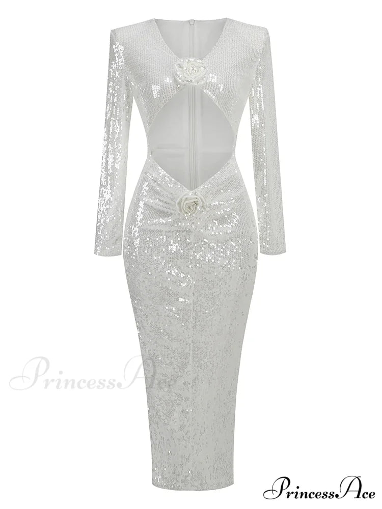 Sexy V Neck Sequins Cutout 3D Flower Dress Long Sleeves Christmas Party Dress WHITE / S