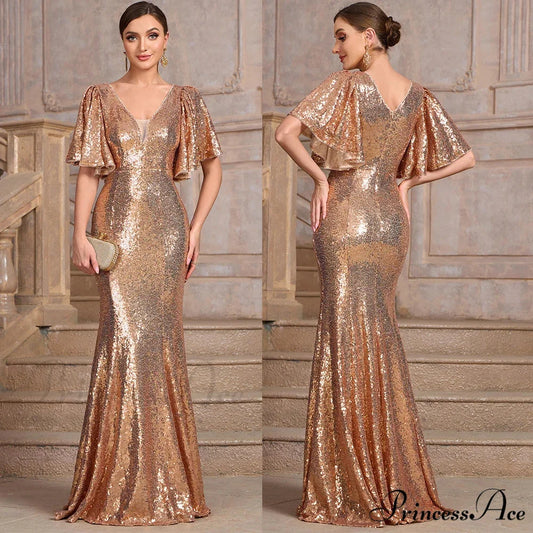 Sexy V-neck Sequins Mermaid Party Dress Champagne / S