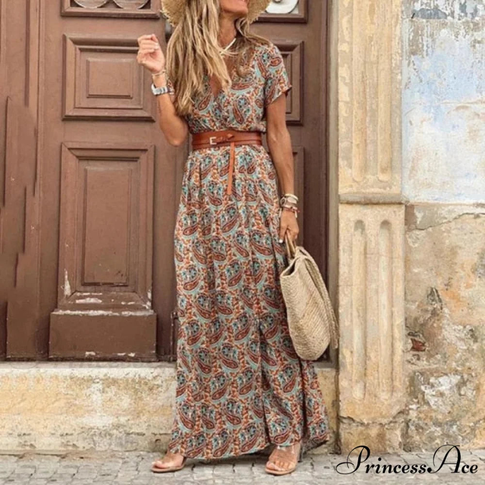 Sexy V-neck Short Sleeve Belted Maxi Dress Brown / S