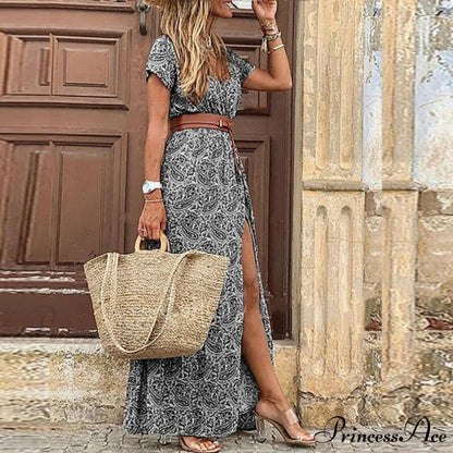 Sexy V-neck Short Sleeve Belted Maxi Dress Grey / S