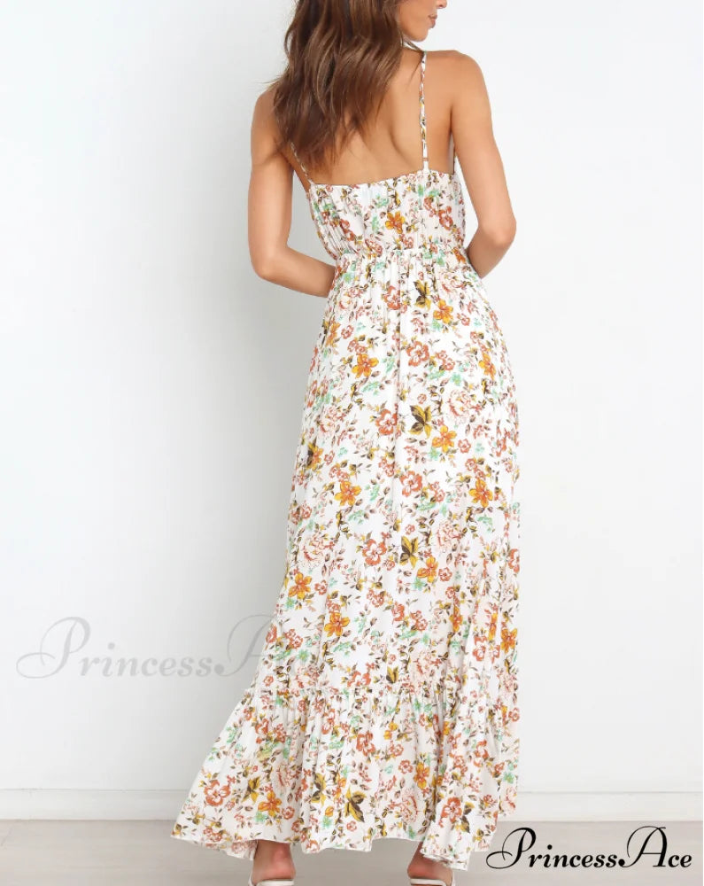 Sexy V-Neck Spaghetti Strap Print Sundress with Ruffles