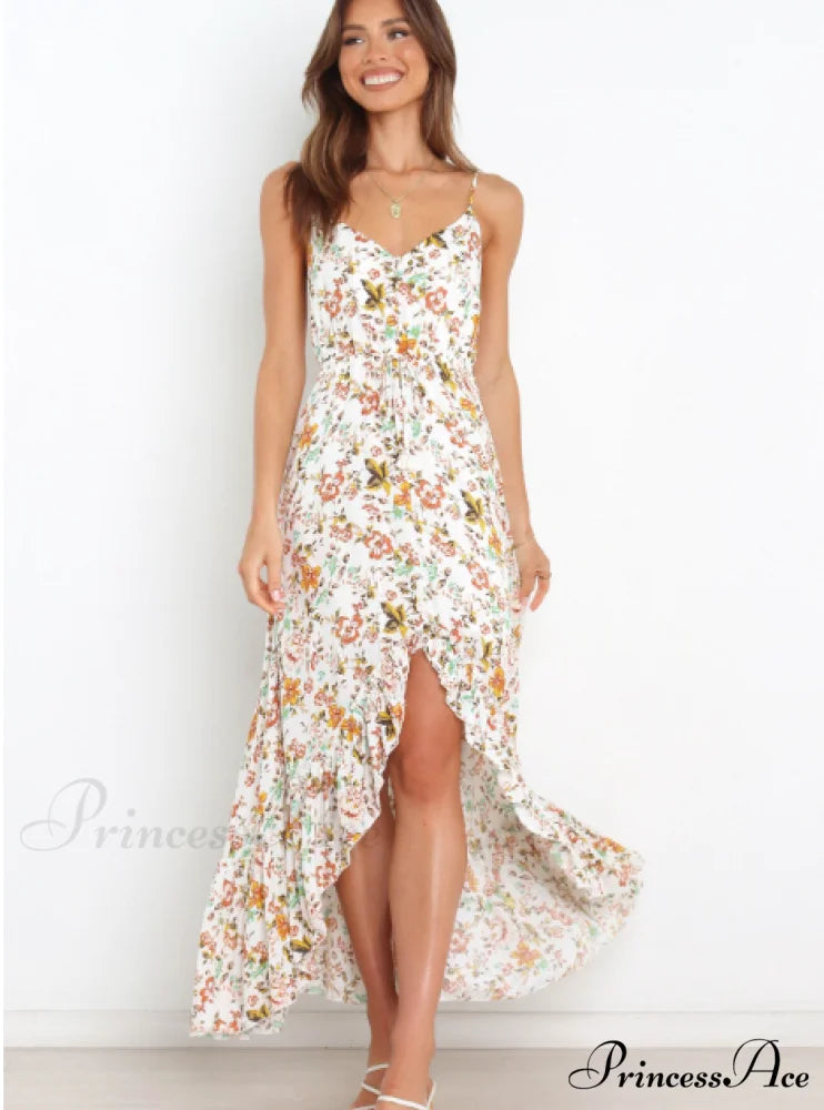Sexy V-Neck Spaghetti Strap Print Sundress with Ruffles