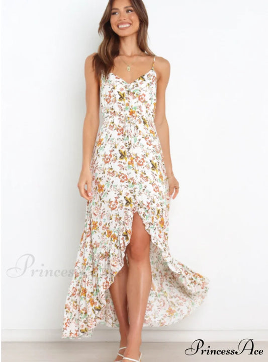 Sexy V-Neck Spaghetti Strap Print Sundress with Ruffles