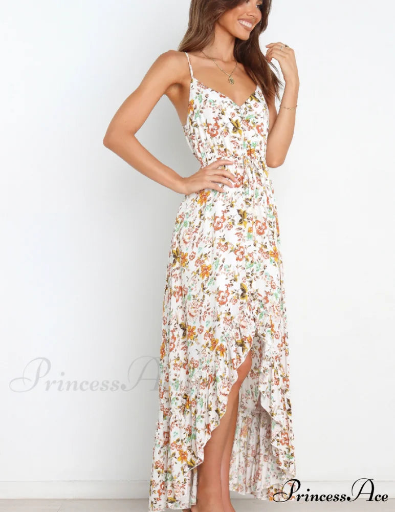 Sexy V-Neck Spaghetti Strap Print Sundress with Ruffles