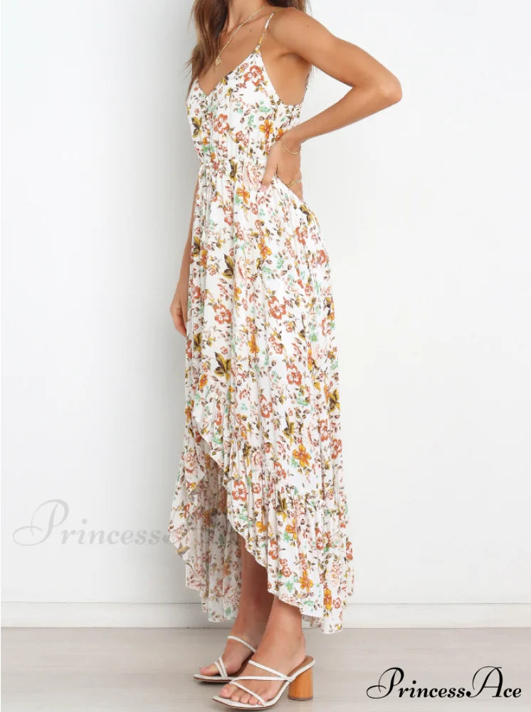 Sexy V-Neck Spaghetti Strap Print Sundress with Ruffles