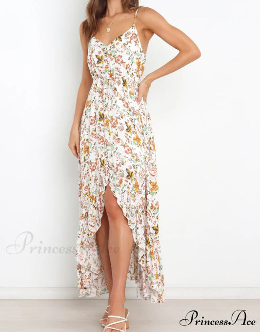 Sexy V-Neck Spaghetti Strap Print Sundress with Ruffles