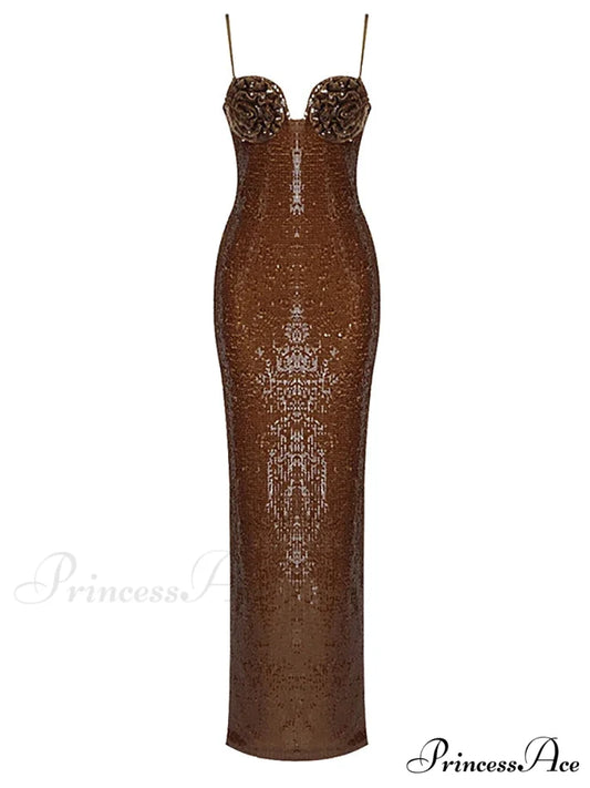 Sexy V Neck Spaghetti Straps Slit Long Dress Sleeveless Flower Christmas Party Dress brown / S