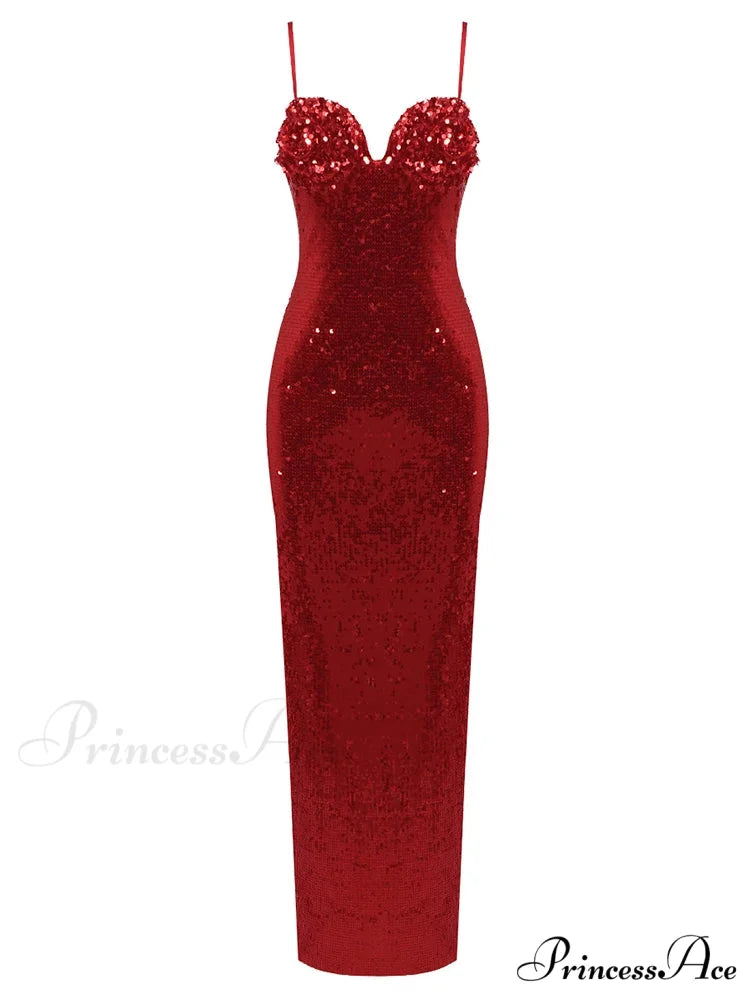 Sexy V Neck Spaghetti Straps Slit Long Dress Sleeveless Flower Christmas Party Dress Red / S