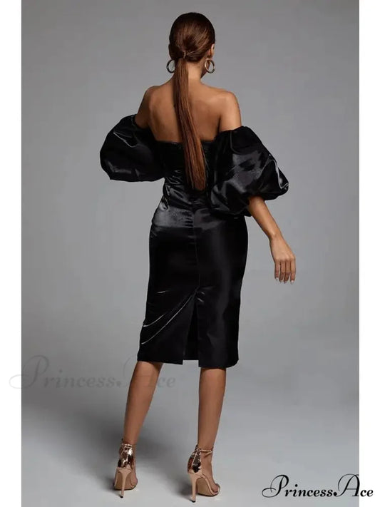 Sexy V-neck Strapless Puff Sleeve Satin Midi Off Shoulder Christmas Party Dress