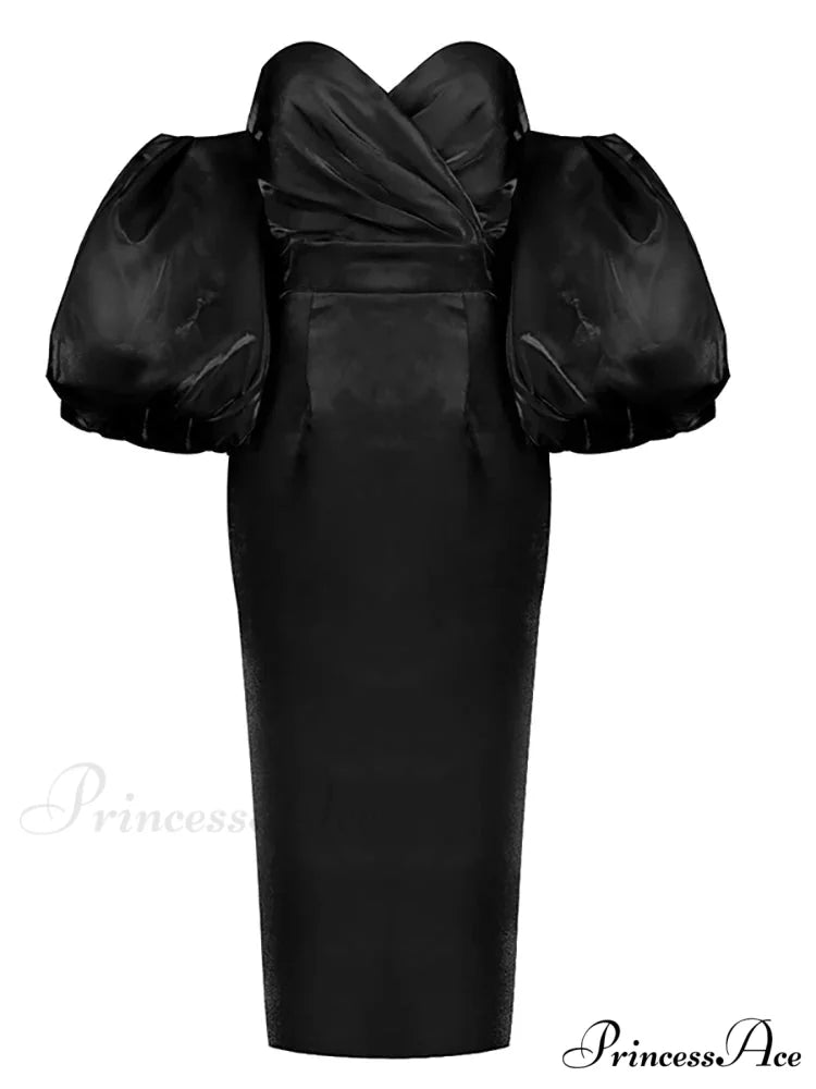 Sexy V-neck Strapless Puff Sleeve Satin Midi Off Shoulder Christmas Party Dress Black / S