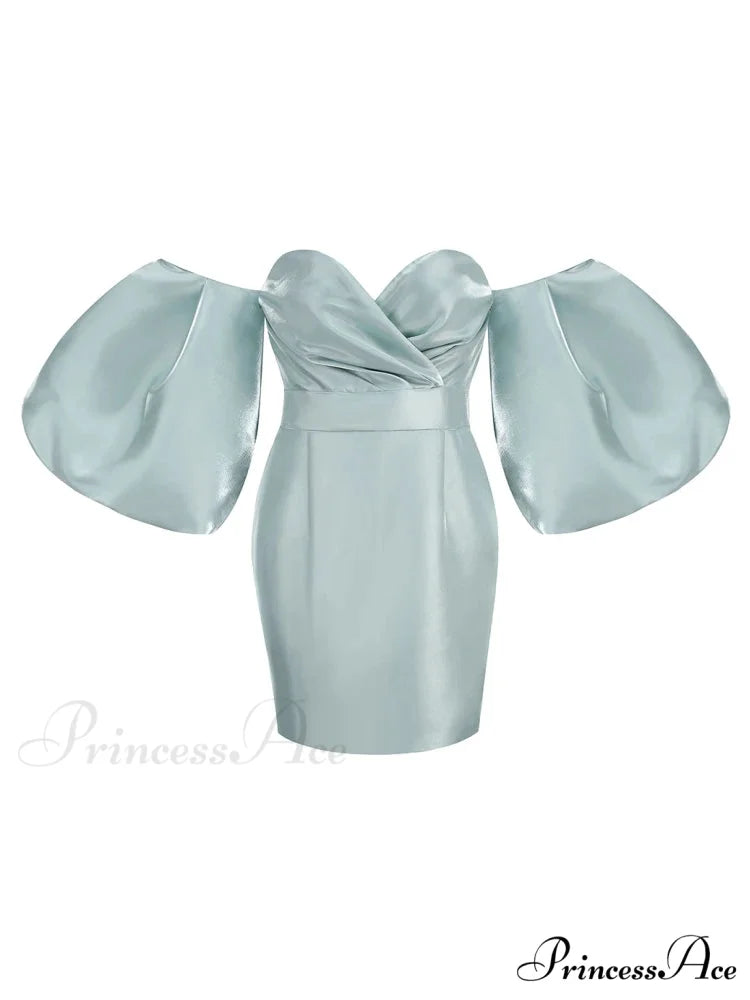 Sexy V-neck Strapless Puff Sleeve Satin Midi Off Shoulder Christmas Party Dress blue / S