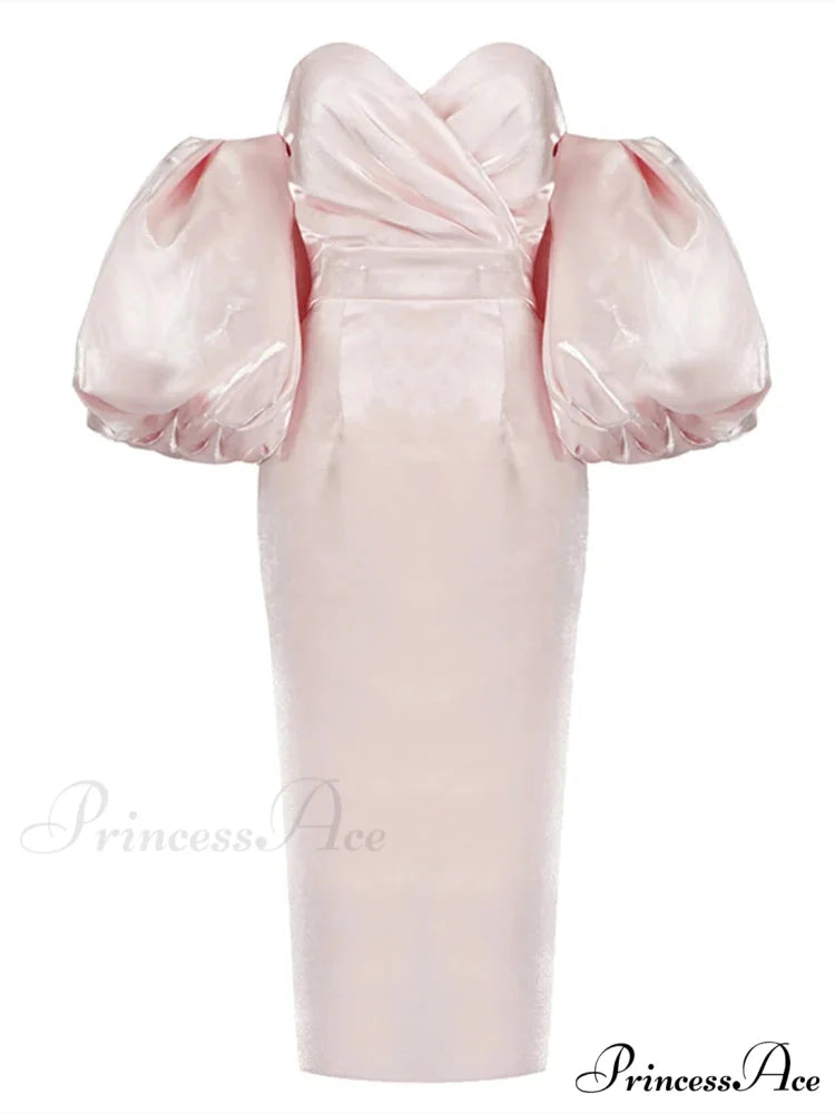 Sexy V-neck Strapless Puff Sleeve Satin Midi Off Shoulder Christmas Party Dress Pink / S