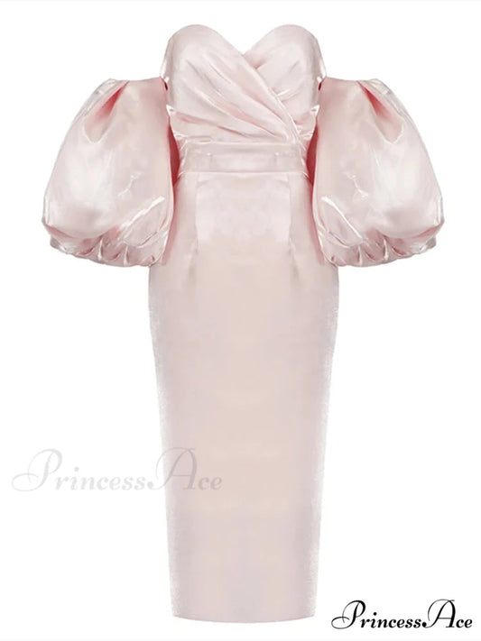 Sexy V-neck Strapless Puff Sleeve Satin Midi Off Shoulder Christmas Party Dress Pink / S