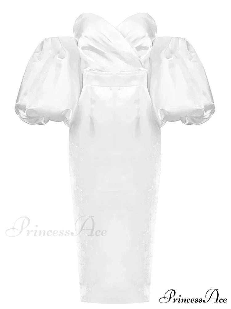 Sexy V-neck Strapless Puff Sleeve Satin Midi Off Shoulder Christmas Party Dress White / S