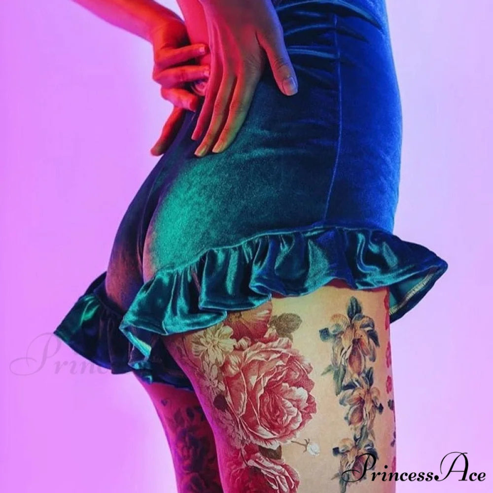 Sexy Velvet Elastic High Waist Vintage Mini Hot Short Blue / XL