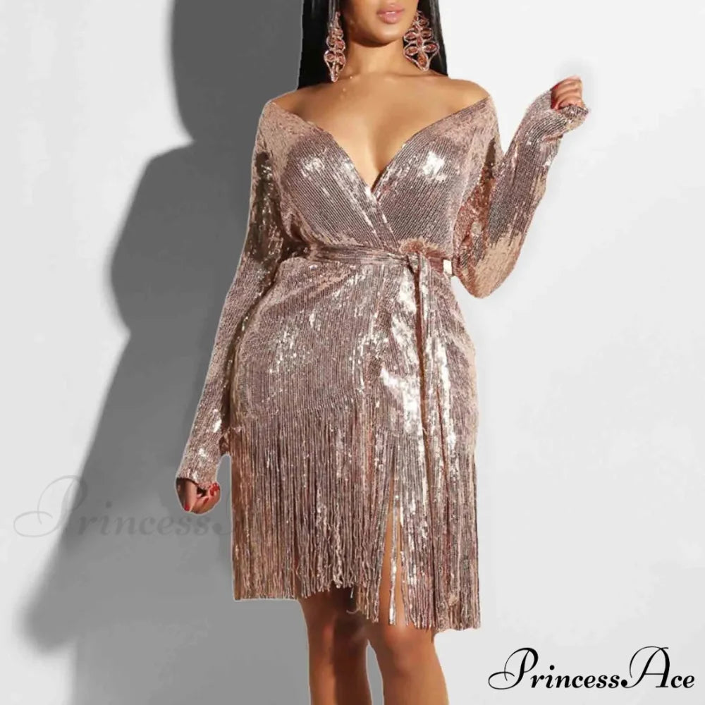 Sexy Vintage Elegant Black Maxi Sequined Summer Tassel Short-Sleeve Cocktail Party Vestidos Dress KHAKI / S