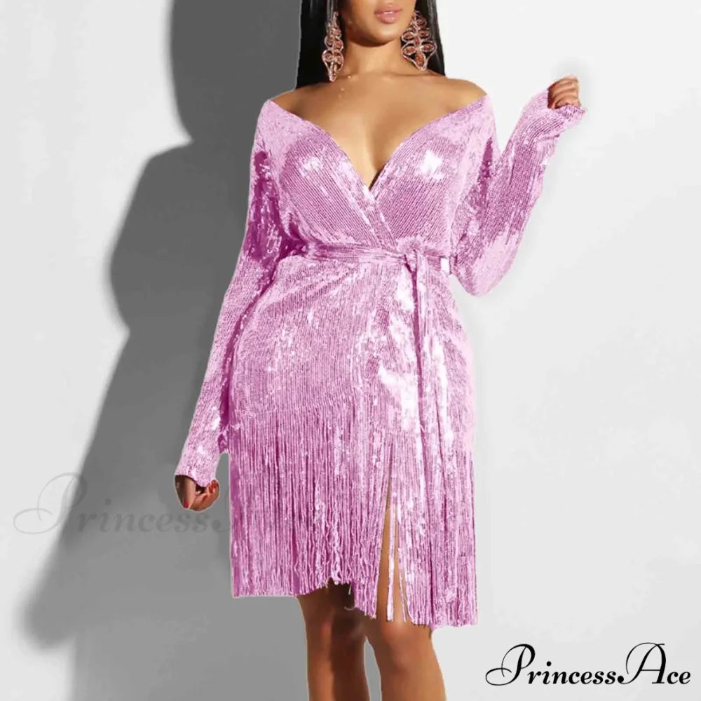 Sexy Vintage Elegant Black Maxi Sequined Summer Tassel Short-Sleeve Cocktail Party Vestidos Dress Pink / S