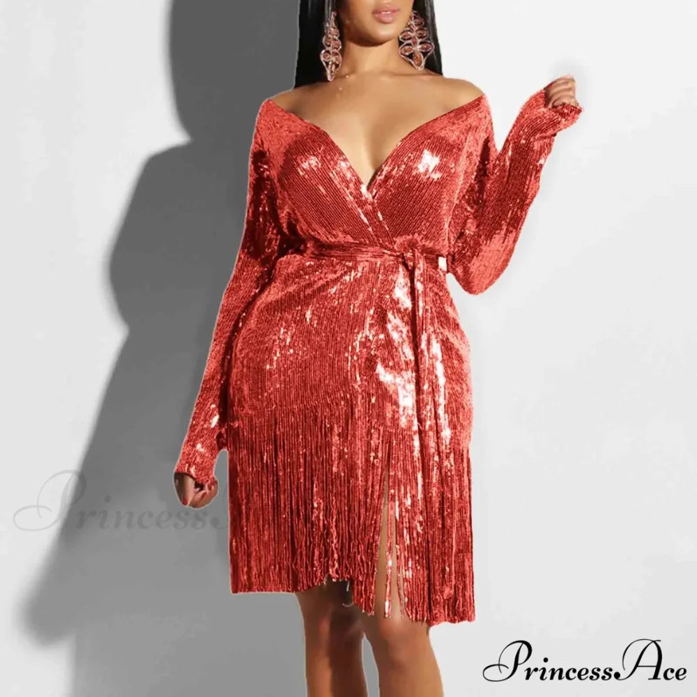 Sexy Vintage Elegant Black Maxi Sequined Summer Tassel Short-Sleeve Cocktail Party Vestidos Dress Red / S