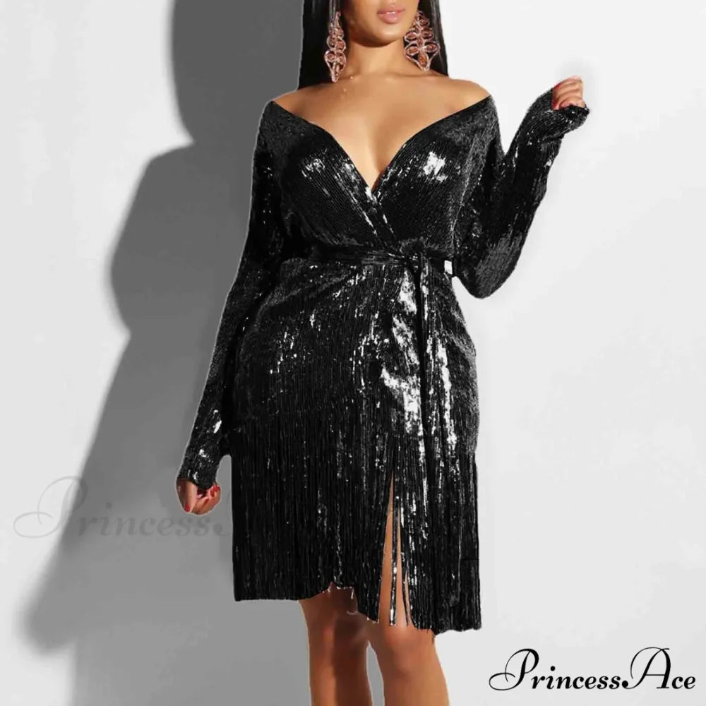 Sexy Vintage Elegant Black Maxi Sequined Summer Tassel Short-Sleeve Cocktail Party Vestidos Dress Black / S