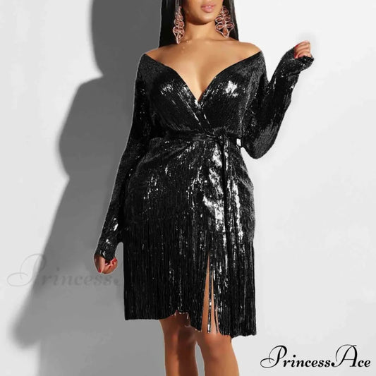 Sexy Vintage Elegant Black Maxi Sequined Summer Tassel Short-Sleeve Cocktail Party Vestidos Dress Black / S