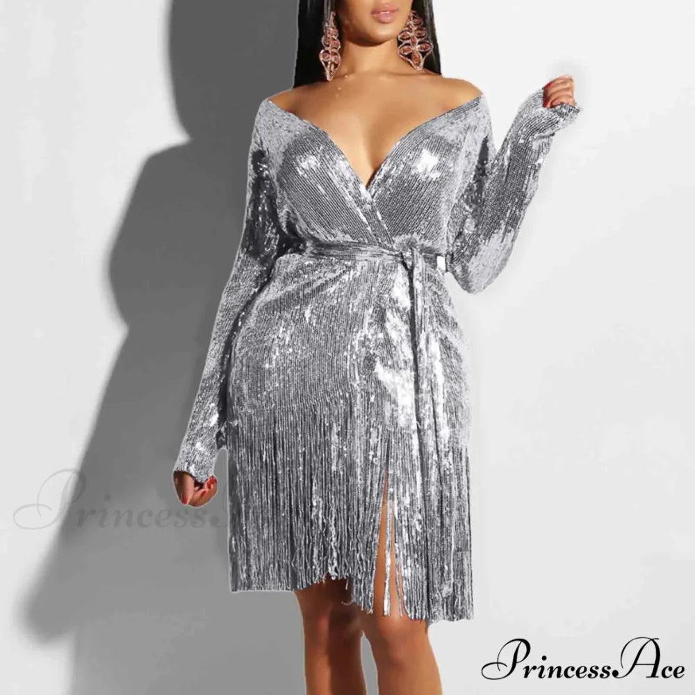 Sexy Vintage Elegant Black Maxi Sequined Summer Tassel Short-Sleeve Cocktail Party Vestidos Dress Silver / S