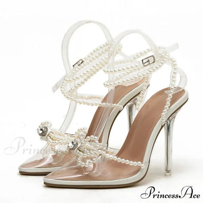 Sexy White String Bead Transparent High Heels Summer Fashion Butterfly-Knot Clear Sandals Pointed Toe Pumps White / 35