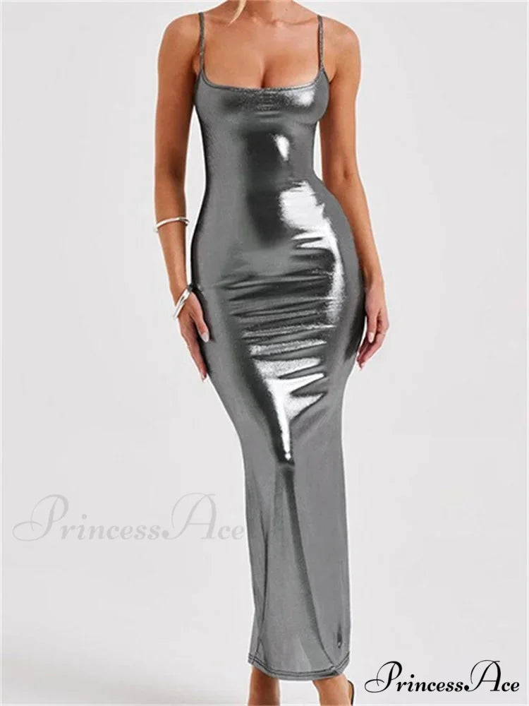 Sexy Women Bodycon Solid Metallic Sleeveless Strap Summer Backless Party Female Vestidos Streetwear DRAK SILVER / S