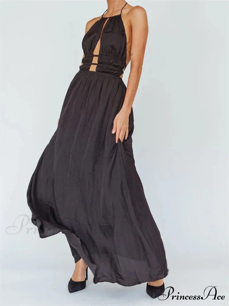 Sexy Women Halter Tie-up Sleeveless Backless Solid Color Cocktail Formal Party Ruched Vestidos