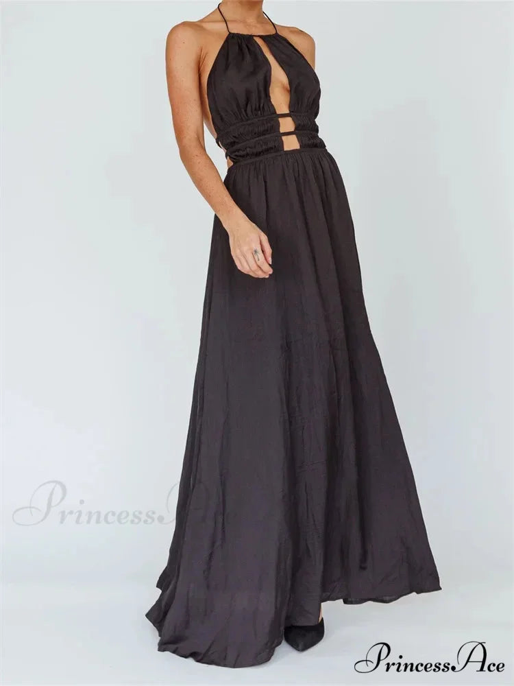 Sexy Women Halter Tie-up Sleeveless Backless Solid Color Cocktail Formal Party Ruched Vestidos BLACK / S