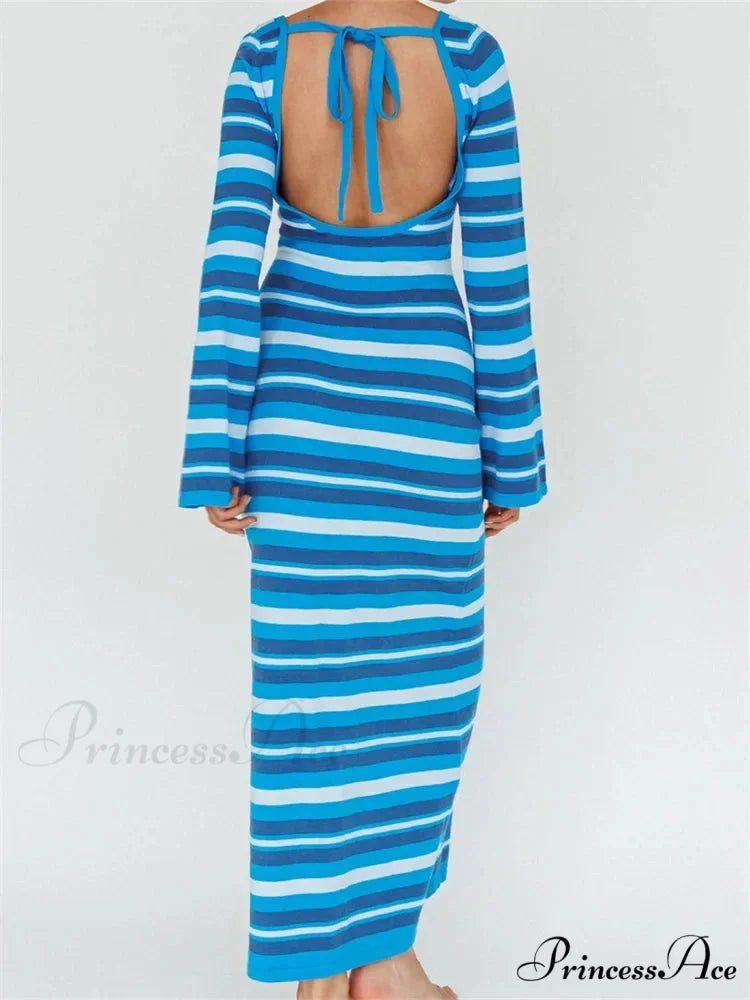 Sexy Women Knitted Sleeve Crew Neck Backless Tie-up Striped Print Slim Fit Spring Fall Vestidos
