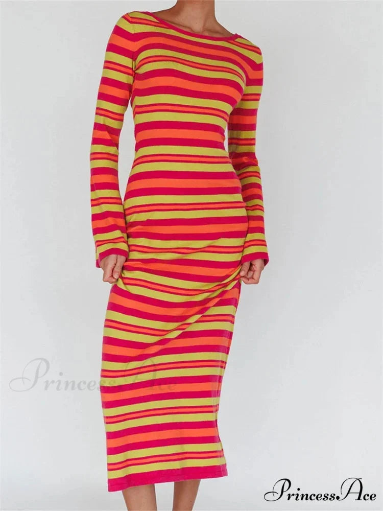Sexy Women Knitted Sleeve Crew Neck Backless Tie-up Striped Print Slim Fit Spring Fall Vestidos