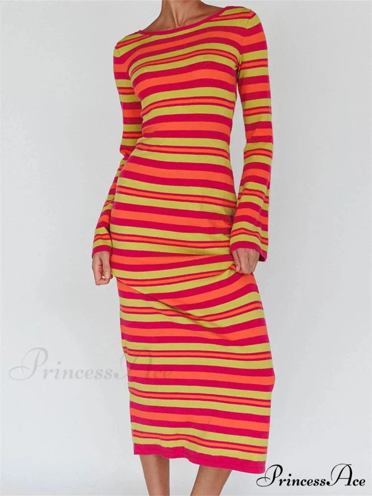 Sexy Women Knitted Sleeve Crew Neck Backless Tie-up Striped Print Slim Fit Spring Fall Vestidos ORANGE / S