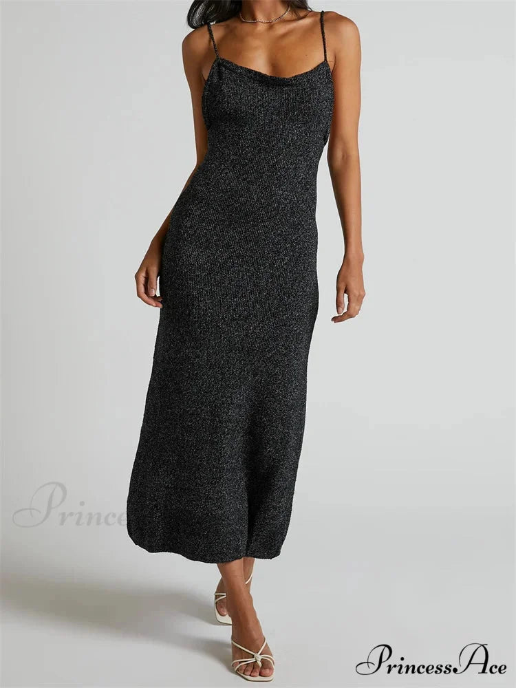 Sexy Women Knitted Summer Solid Color Sleeveless Spaghetti Strap Low Cut O-neck Backless Vestidos BLACK / S