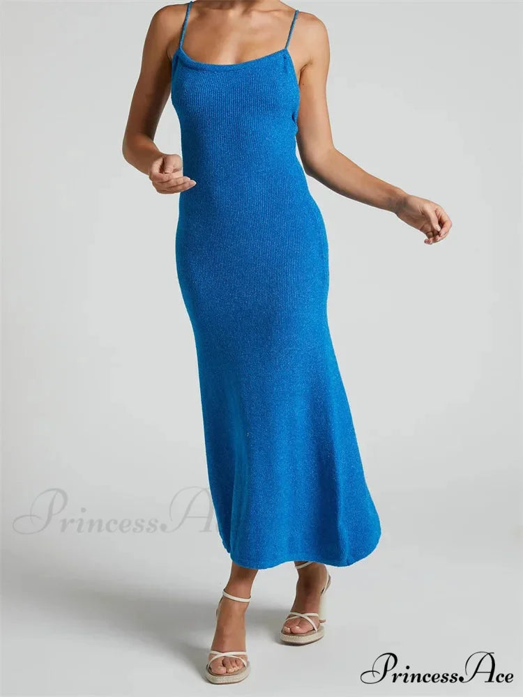 Sexy Women Knitted Summer Solid Color Sleeveless Spaghetti Strap Low Cut O-neck Backless Vestidos BLUE / S