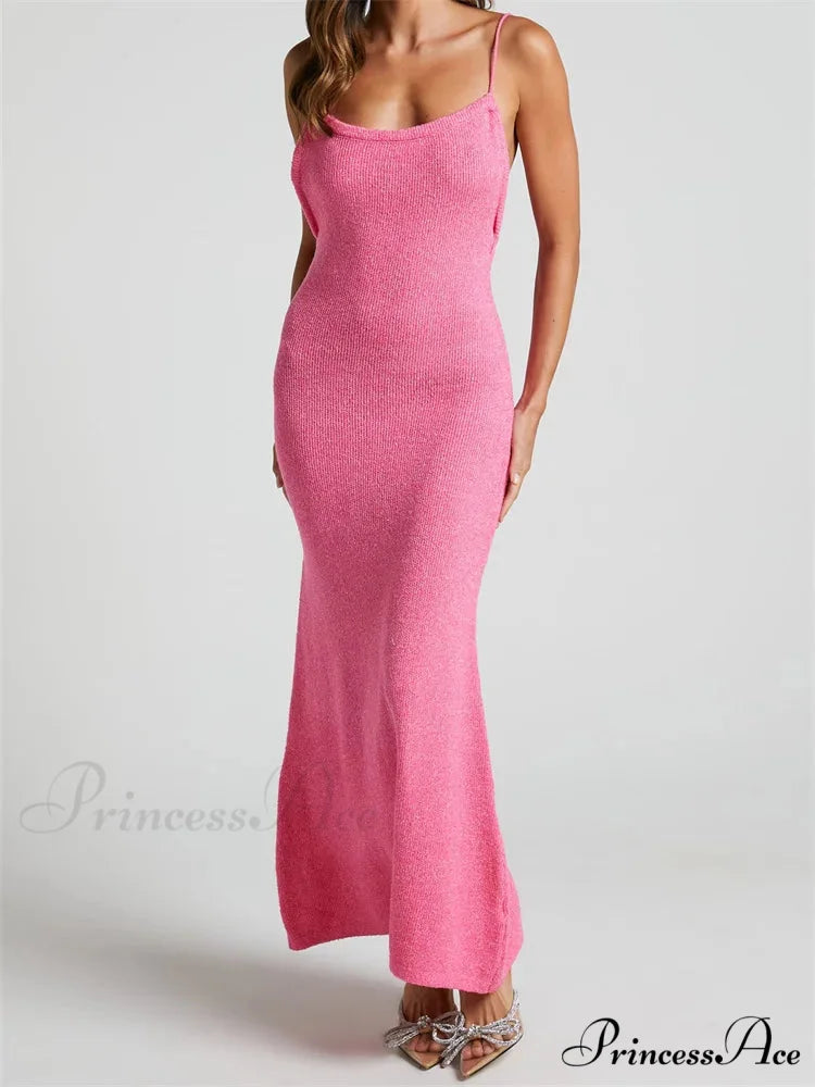 Sexy Women Knitted Summer Solid Color Sleeveless Spaghetti Strap Low Cut O-neck Backless Vestidos PINK / S