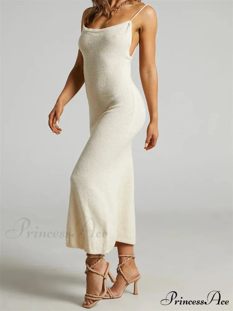Sexy Women Knitted Summer Solid Color Sleeveless Spaghetti Strap Low Cut O-neck Backless Vestidos WHITE / S